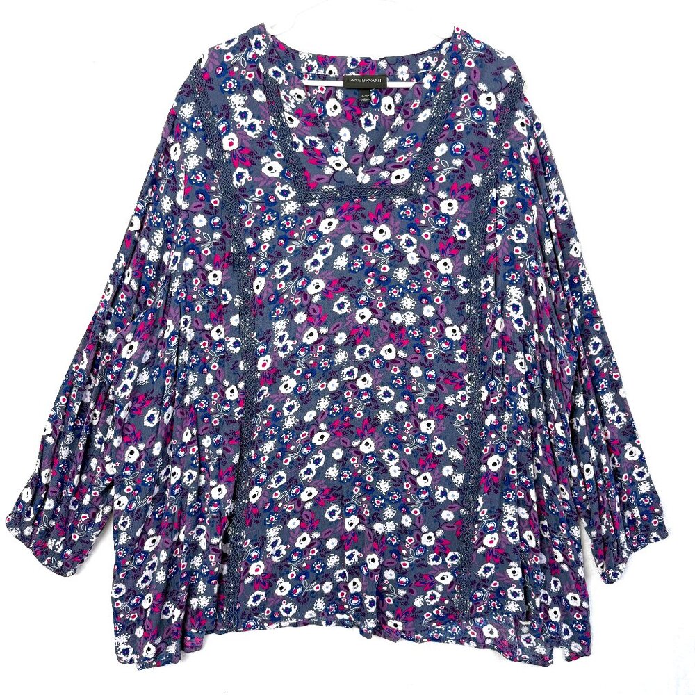 Lane Bryant Floral Split Neck Peasant Tunic Blouse Top Womens 26 28 P Blue Multi
